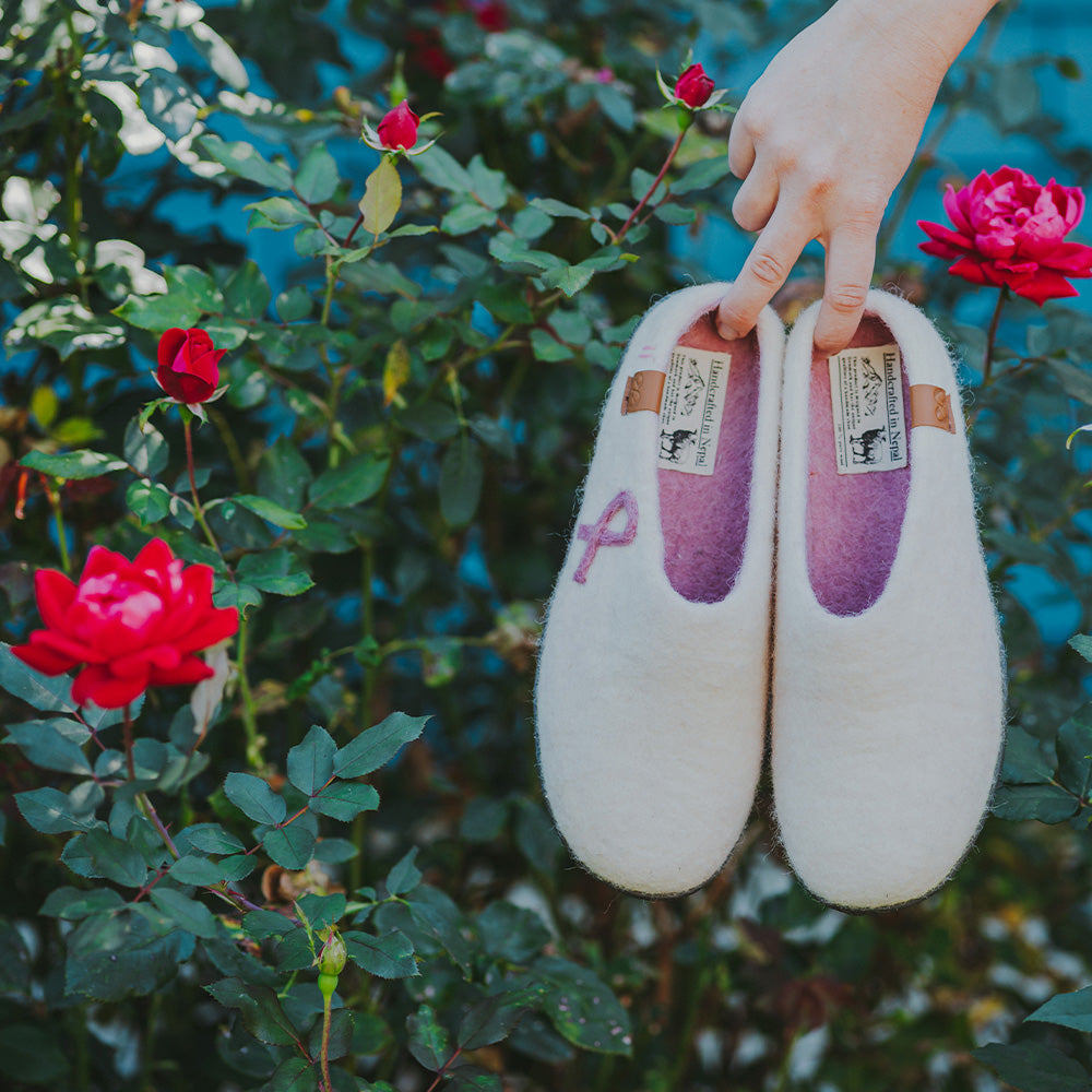 Tibet Wool Slipper | Breast Cancer Ribbon - White Mix