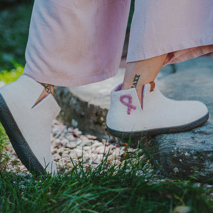 Nepal Wool Slipper | Breast Cancer Ribbon - White Mix