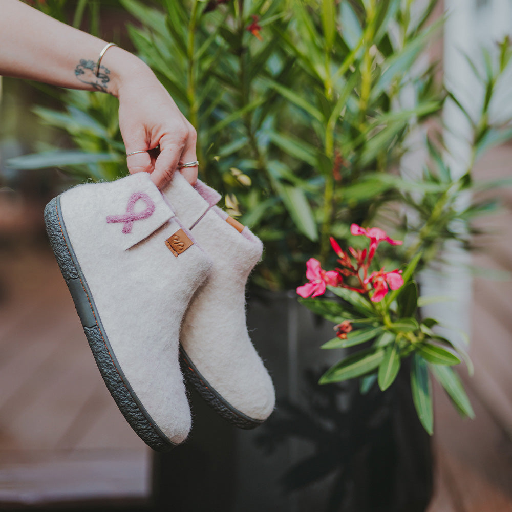 Nepal Wool Slipper | Breast Cancer Ribbon - White Mix